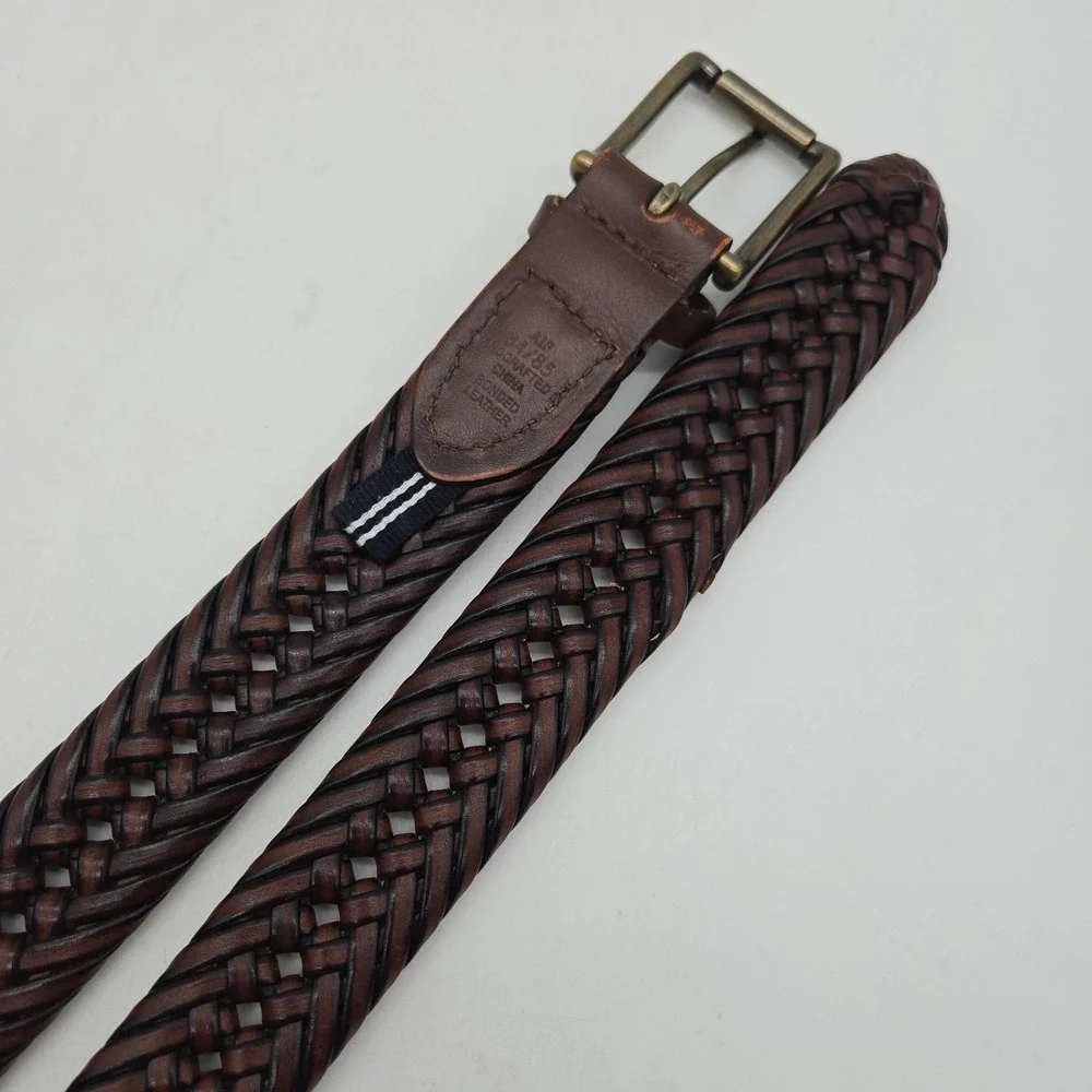 Nautica Braided Belt Brown Leather Mens 34 Bronze Buckle New